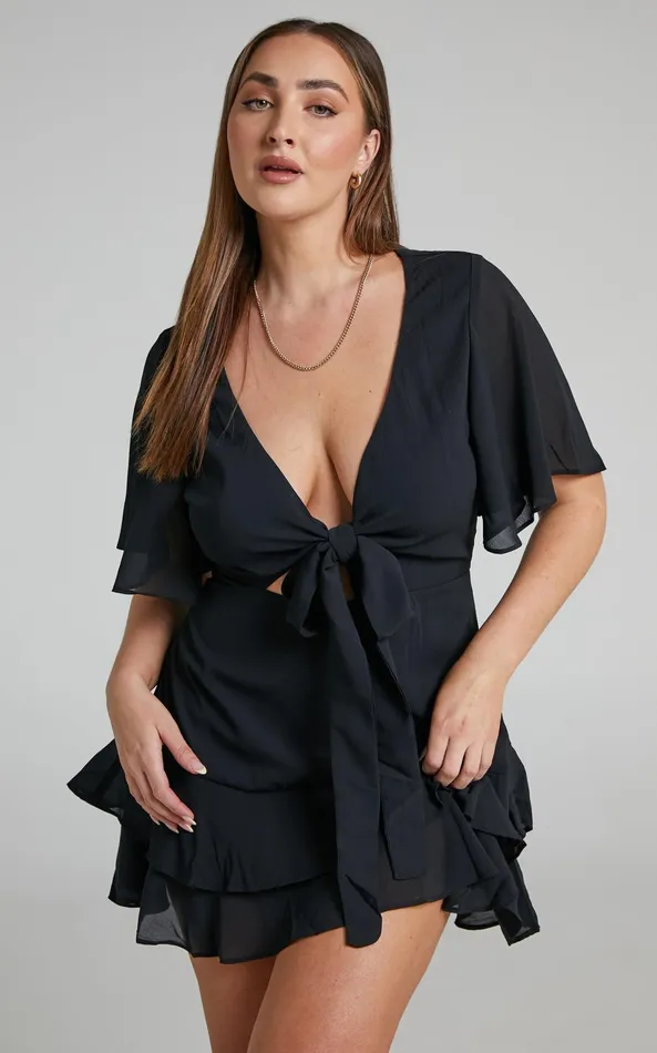 Showpo Ezilita Mini Dress 8211 Tie Front Angel Sleeve Tiered Dress In Black Women Dresses Showpo Ezilita Mini Dress 8211 Tie Front Angel Sleeve Tiered Dress In Black Women Dresses