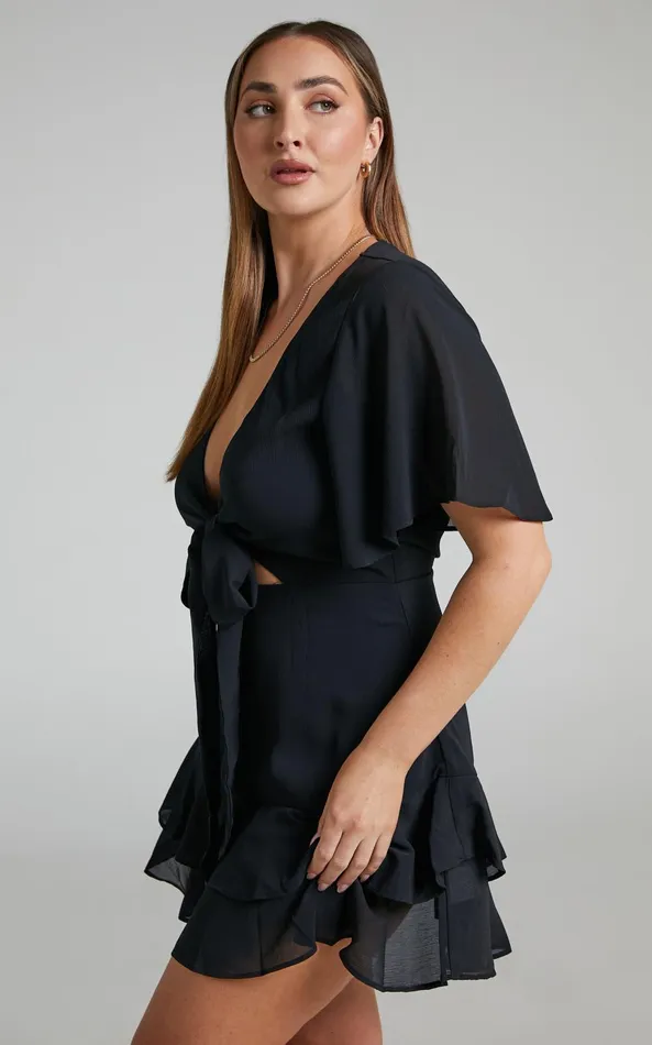 Showpo Ezilita Mini Dress 8211 Tie Front Angel Sleeve Tiered Dress In Black Women Dresses