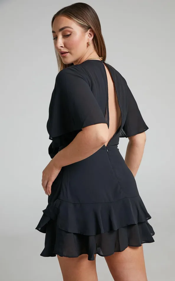 Showpo Ezilita Mini Dress 8211 Tie Front Angel Sleeve Tiered Dress In Black Women Dresses