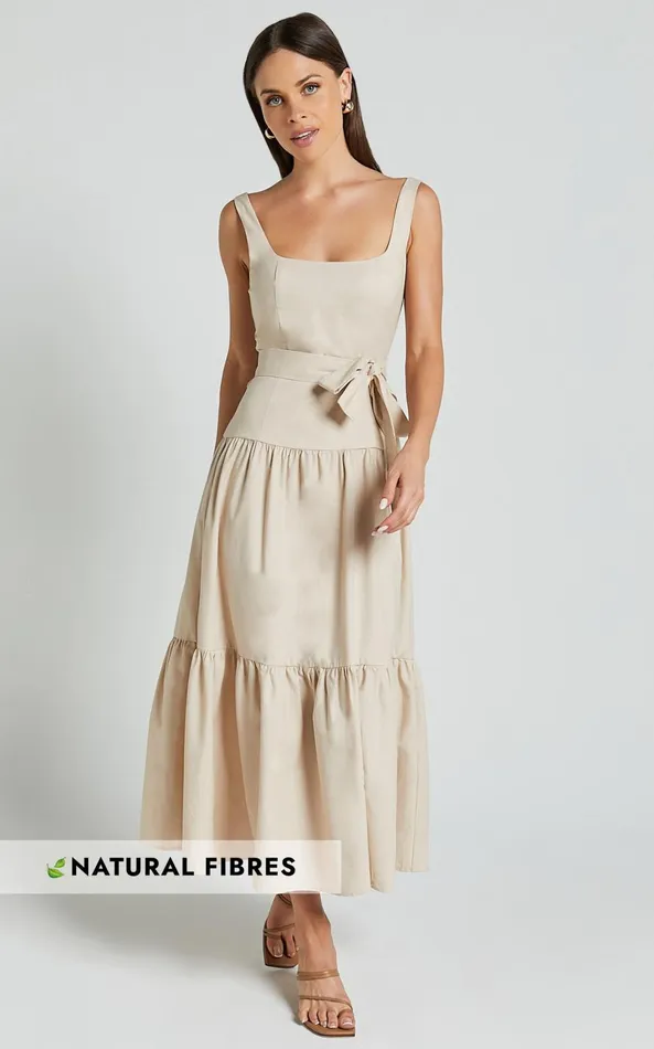 Showpo Ezra Midi Dress 8211 Linen Look Tiered Tie Waist Dress In Stone Women Dresses Showpo Ezra Midi Dress 8211 Linen Look Tiered Tie Waist Dress In Stone Women Dresses
