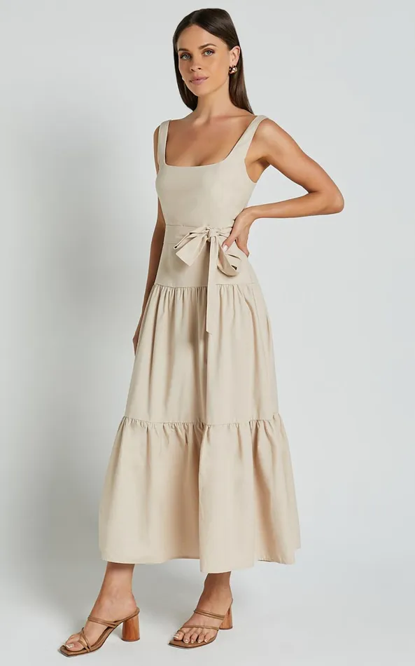 Showpo Ezra Midi Dress 8211 Linen Look Tiered Tie Waist Dress In Stone Women Dresses