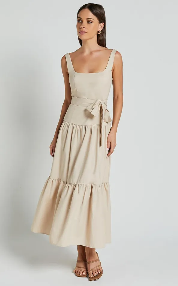 Showpo Ezra Midi Dress 8211 Linen Look Tiered Tie Waist Dress In Stone Women Dresses