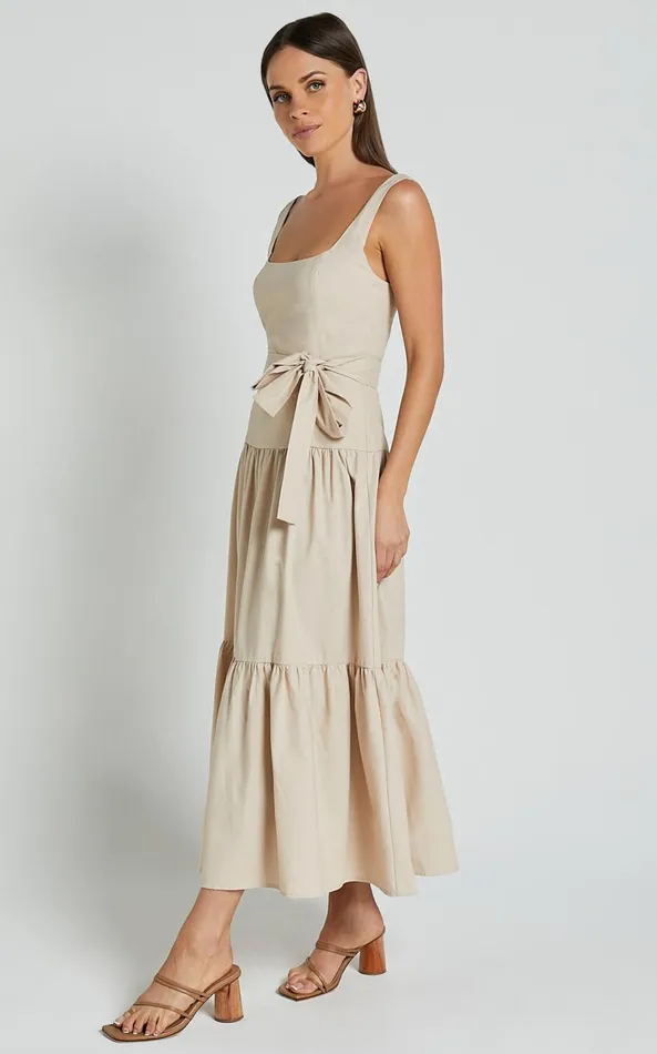 Showpo Ezra Midi Dress 8211 Linen Look Tiered Tie Waist Dress In Stone Women Dresses