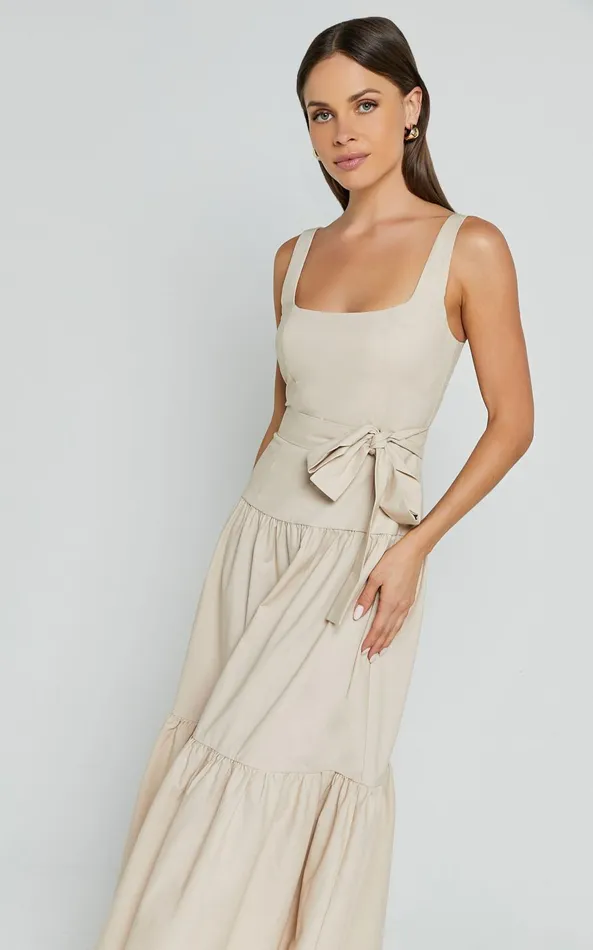 Showpo Ezra Midi Dress 8211 Linen Look Tiered Tie Waist Dress In Stone Women Dresses