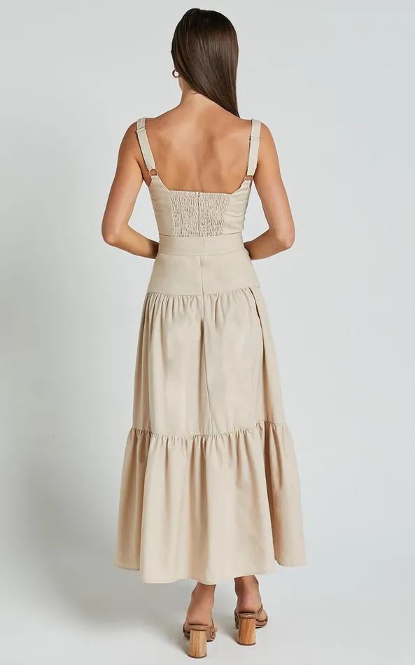 Showpo Ezra Midi Dress 8211 Linen Look Tiered Tie Waist Dress In Stone Women Dresses