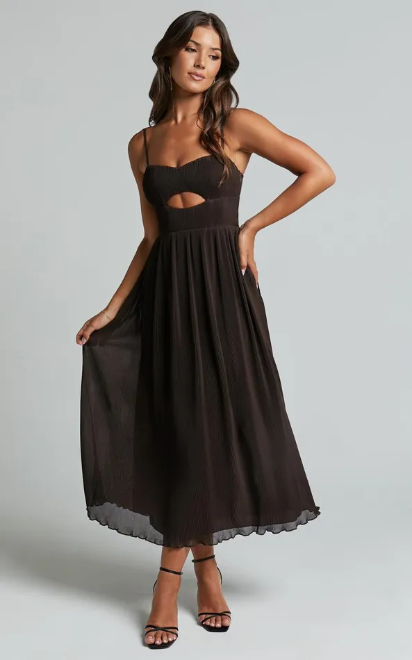Showpo Ezri Midi Dress 8211 Strappy Cut Out Pleated A Line Dress In Chocolate Women Dresses