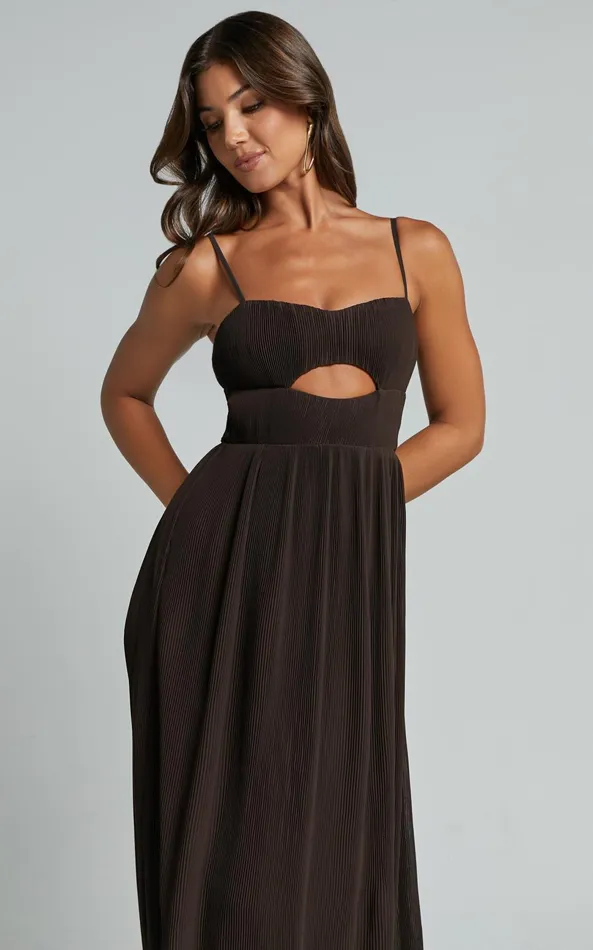 Showpo Ezri Midi Dress 8211 Strappy Cut Out Pleated A Line Dress In Chocolate Women Dresses