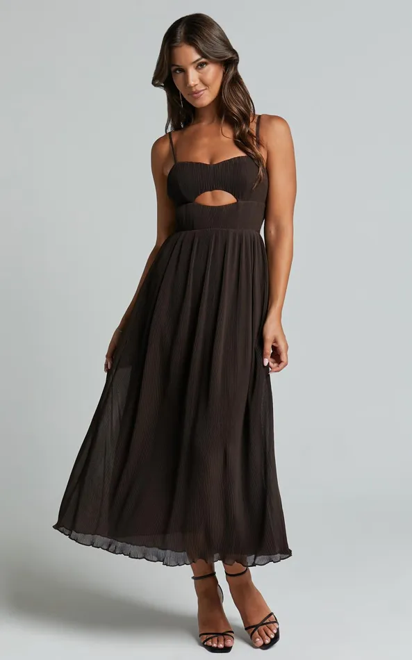 Showpo Ezri Midi Dress 8211 Strappy Cut Out Pleated A Line Dress In Chocolate Women Dresses