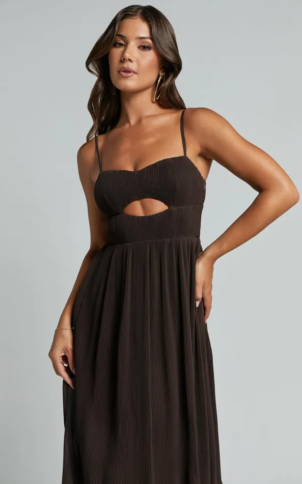 Showpo Ezri Midi Dress 8211 Strappy Cut Out Pleated A Line Dress In Chocolate Women Dresses