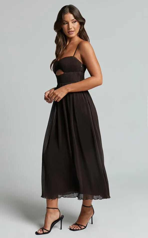 Showpo Ezri Midi Dress 8211 Strappy Cut Out Pleated A Line Dress In Chocolate Women Dresses