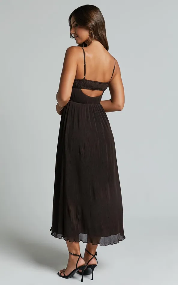 Showpo Ezri Midi Dress 8211 Strappy Cut Out Pleated A Line Dress In Chocolate Women Dresses