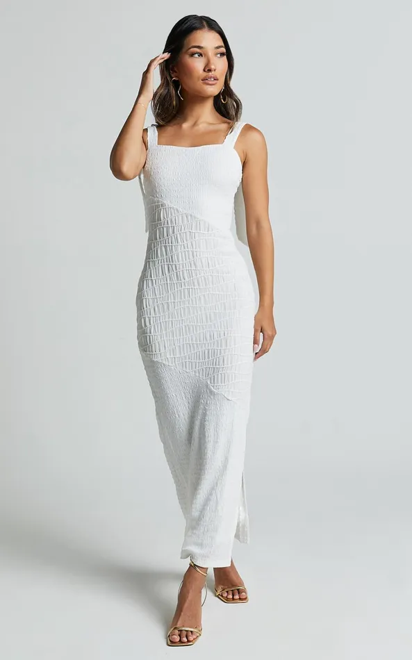 Showpo Fabia Maxi Dress 8211 Shirred Panel Detail Dress With Bow Strap Detail In White Women Dresses