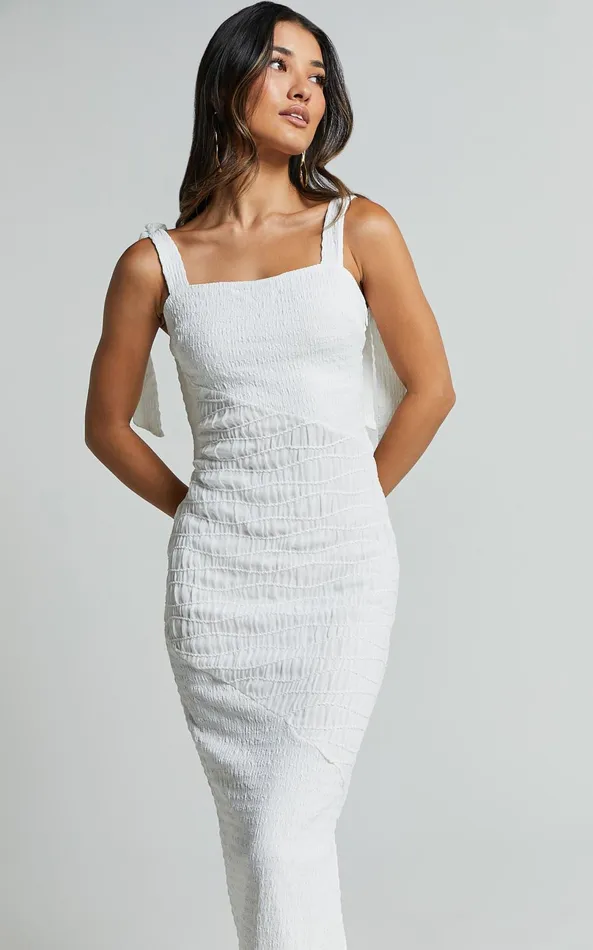 Showpo Fabia Maxi Dress 8211 Shirred Panel Detail Dress With Bow Strap Detail In White Women Dresses