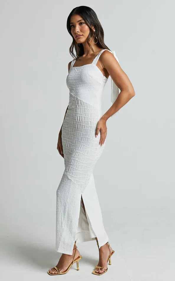 Showpo Fabia Maxi Dress 8211 Shirred Panel Detail Dress With Bow Strap Detail In White Women Dresses