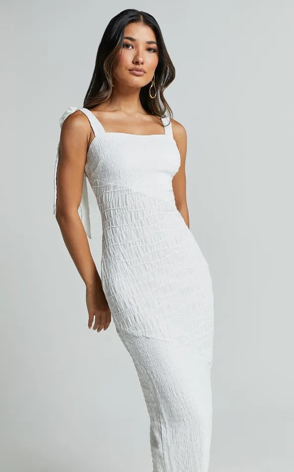 Showpo Fabia Maxi Dress 8211 Shirred Panel Detail Dress With Bow Strap Detail In White Women Dresses