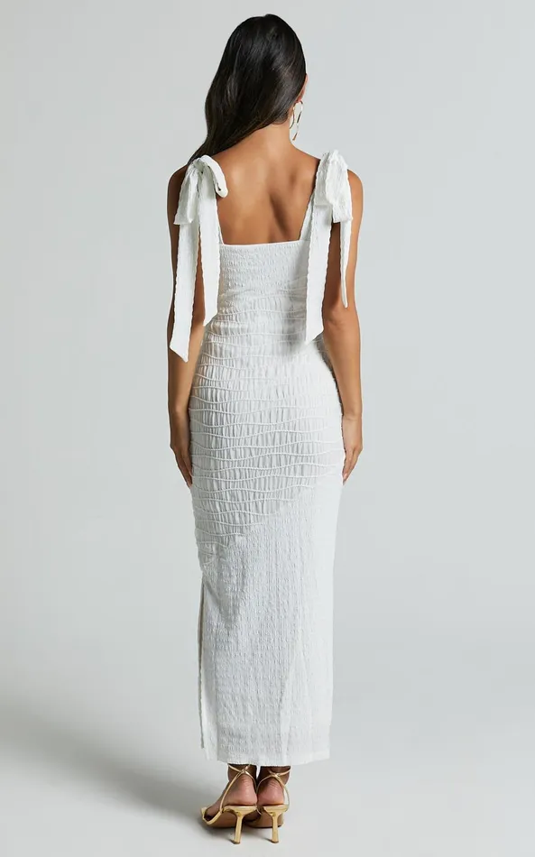 Showpo Fabia Maxi Dress 8211 Shirred Panel Detail Dress With Bow Strap Detail In White Women Dresses