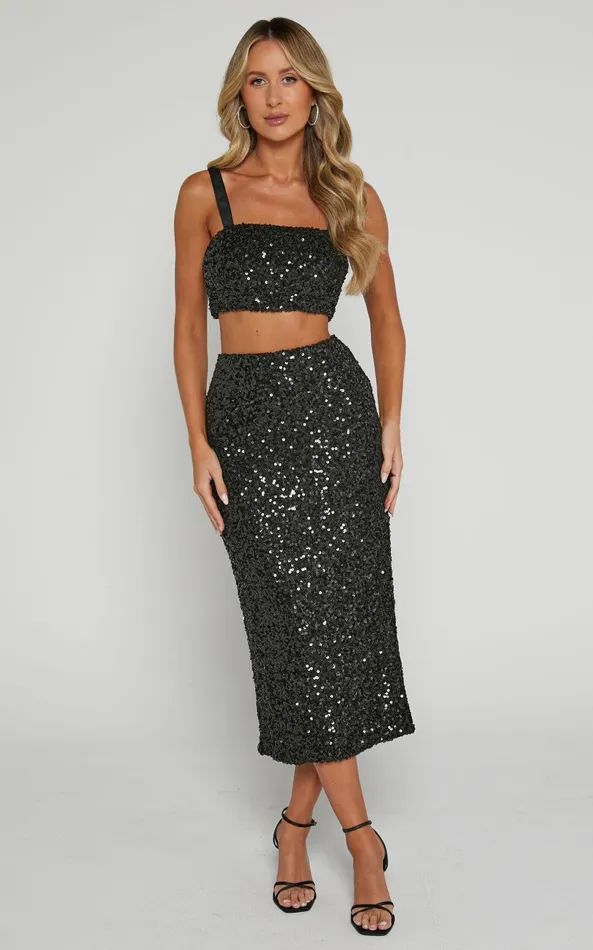 Showpo Falka Two Piece Set 8211 Strapless High Waisted Midi Skirt Sequin Two Piece Set In Black Women Two Piece Sets and Coords Showpo Falka Two Piece Set 8211 Strapless High Waisted Midi Skirt Sequin Two Piece Set In Black Women Two Piece Sets and Coords