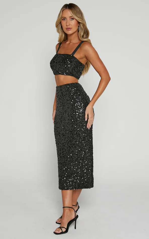 Showpo Falka Two Piece Set 8211 Strapless High Waisted Midi Skirt Sequin Two Piece Set In Black Women Two Piece Sets and Coords