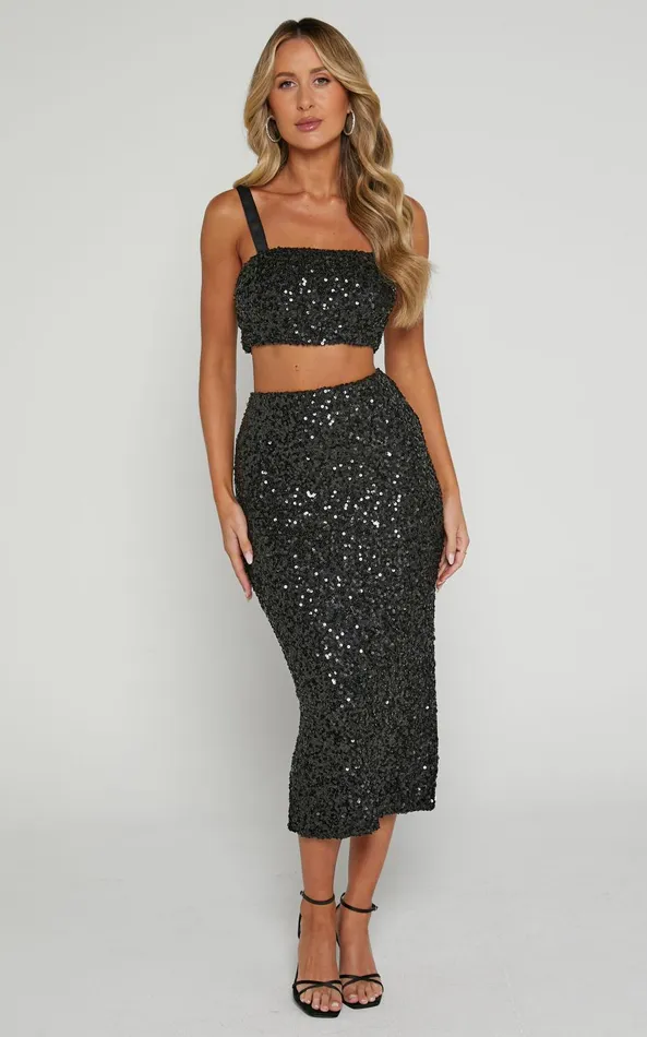 Showpo Falka Two Piece Set 8211 Strapless High Waisted Midi Skirt Sequin Two Piece Set In Black Women Two Piece Sets and Coords