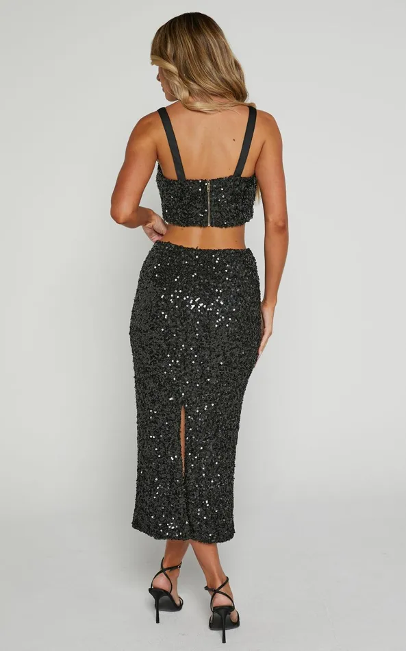 Showpo Falka Two Piece Set 8211 Strapless High Waisted Midi Skirt Sequin Two Piece Set In Black Women Two Piece Sets and Coords
