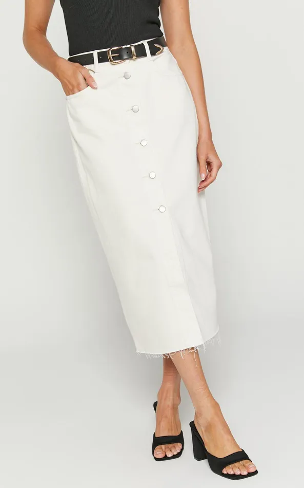 Showpo Farrah Midi Skirt 8211 Recycled Cotton Denim Midi Skirt In Ecru Women Denim