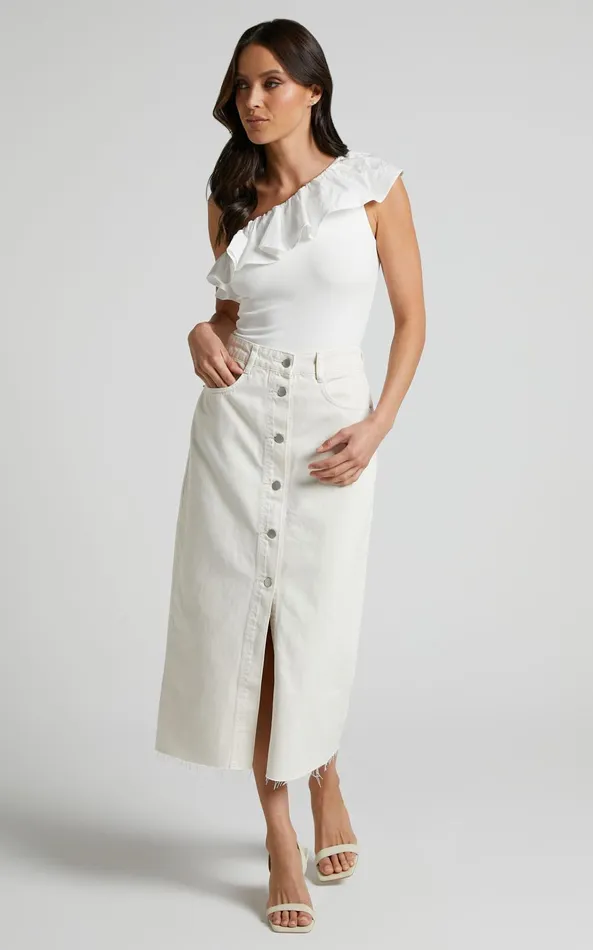 Showpo Farrah Midi Skirt 8211 Recycled Cotton Denim Midi Skirt In Ecru Women Denim
