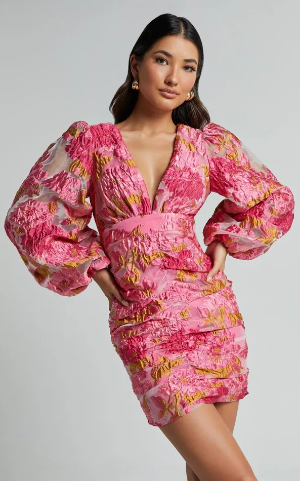 Showpo Farrah Mini Dress 8211 Plunge Neck Long Sleeve Bodycon Dress In Pink Women Dresses