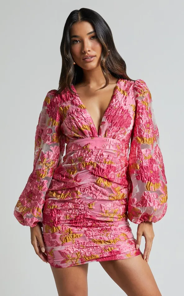 Showpo Farrah Mini Dress 8211 Plunge Neck Long Sleeve Bodycon Dress In Pink Women Dresses