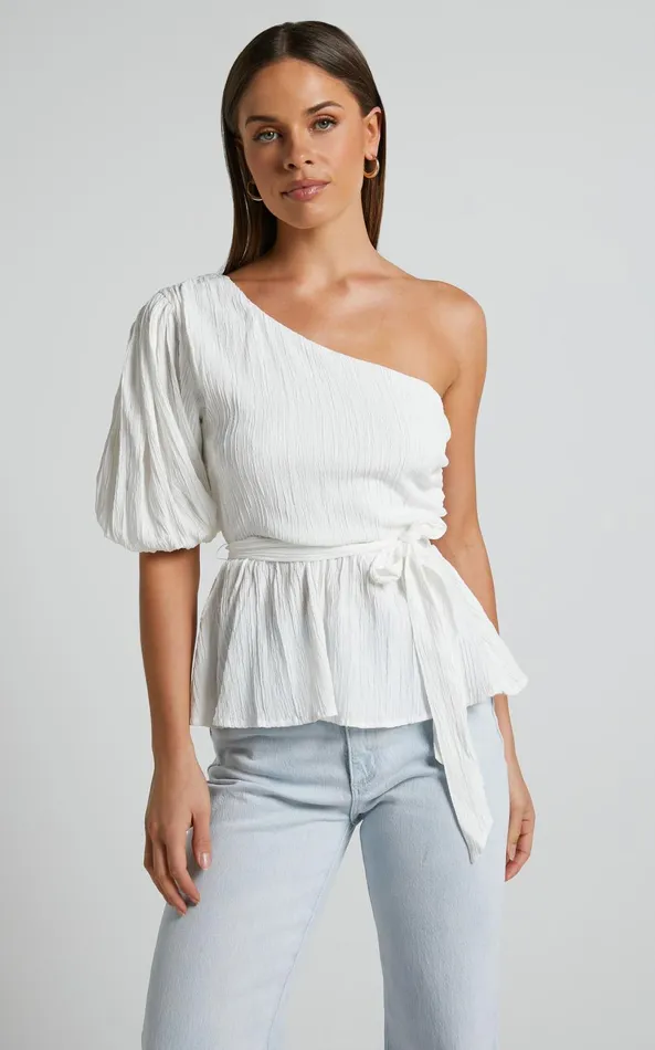 Showpo Feliah Top 8211 One Shoulder Puff Sleeve Waist Tie Top In Ivory Women Tops Showpo Feliah Top 8211 One Shoulder Puff Sleeve Waist Tie Top In Ivory Women Tops