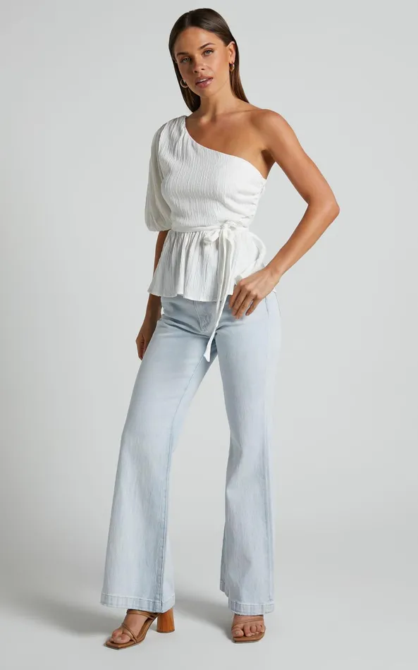 Showpo Feliah Top 8211 One Shoulder Puff Sleeve Waist Tie Top In Ivory Women Tops