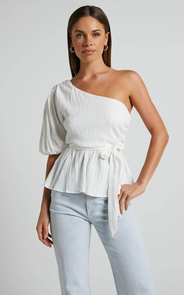 Showpo Feliah Top 8211 One Shoulder Puff Sleeve Waist Tie Top In Ivory Women Tops
