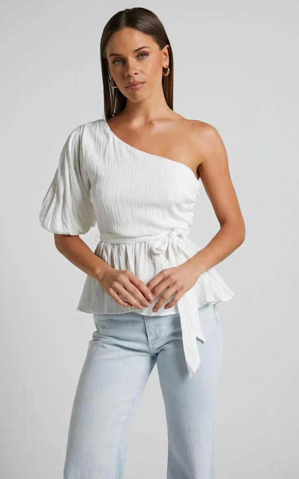 Showpo Feliah Top 8211 One Shoulder Puff Sleeve Waist Tie Top In Ivory Women Tops