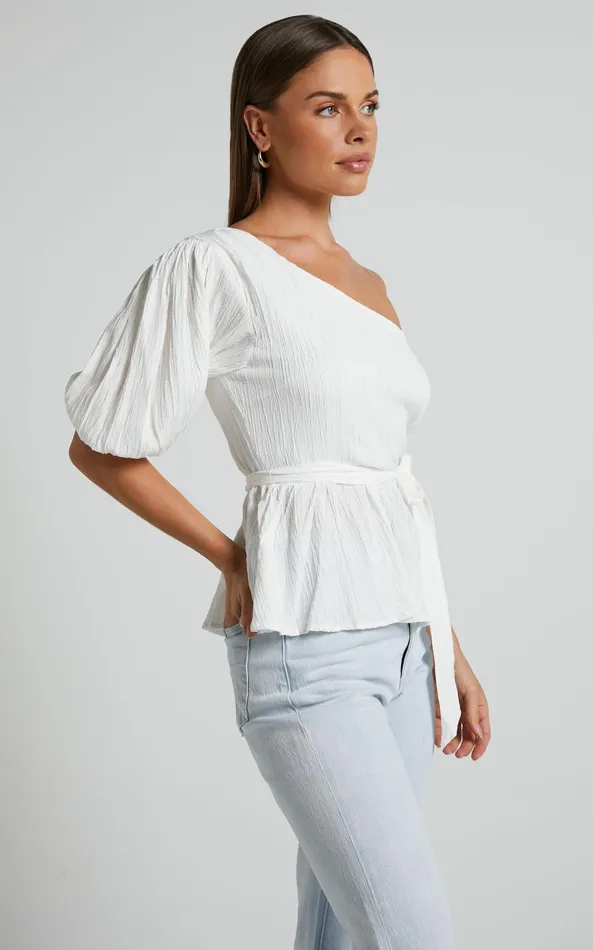 Showpo Feliah Top 8211 One Shoulder Puff Sleeve Waist Tie Top In Ivory Women Tops