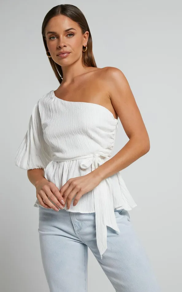 Showpo Feliah Top 8211 One Shoulder Puff Sleeve Waist Tie Top In Ivory Women Tops