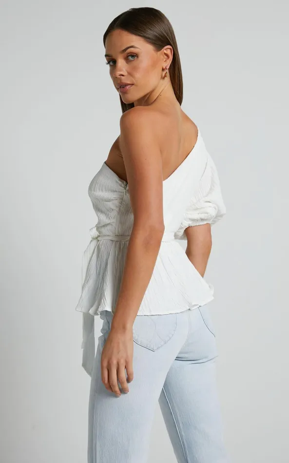 Showpo Feliah Top 8211 One Shoulder Puff Sleeve Waist Tie Top In Ivory Women Tops