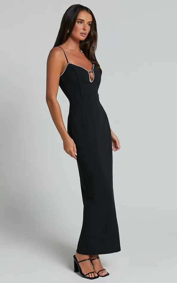 Showpo Felicity Midi Dress 8211 Plunge Diamante Detail Dress In Black Women Dresses