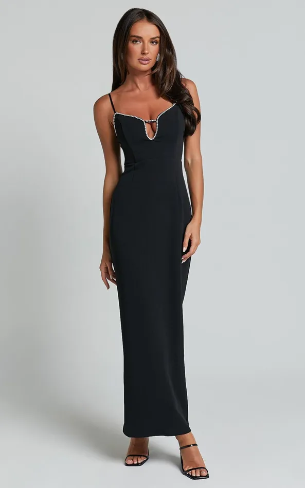 Showpo Felicity Midi Dress 8211 Plunge Diamante Detail Dress In Black Women Dresses