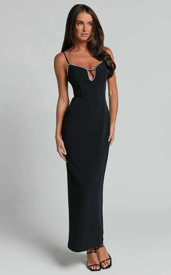 Showpo Felicity Midi Dress 8211 Plunge Diamante Detail Dress In Black Women Dresses