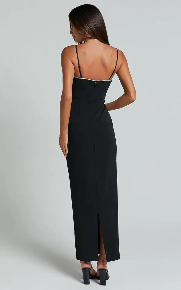 Showpo Felicity Midi Dress 8211 Plunge Diamante Detail Dress In Black Women Dresses