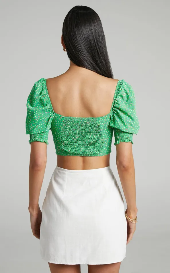 Showpo Feliza Top 8211 Ruched Sweetheart Bust Puff Sleeve Crop Top In Green Floral Women Tops