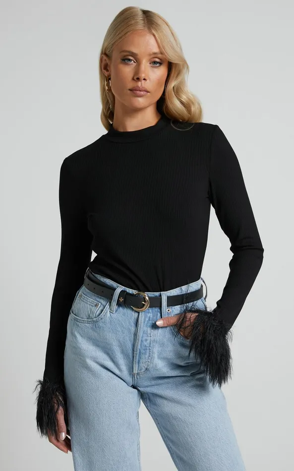 Showpo Feolla Long Sleeve Top 8211 Rib Top With Faux Feather Trim In Black Women Tops Showpo Feolla Long Sleeve Top 8211 Rib Top With Faux Feather Trim In Black Women Tops