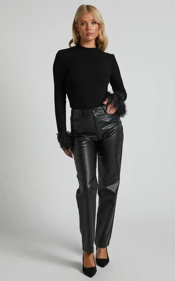 Showpo Feolla Long Sleeve Top 8211 Rib Top With Faux Feather Trim In Black Women Tops