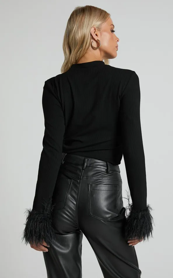 Showpo Feolla Long Sleeve Top 8211 Rib Top With Faux Feather Trim In Black Women Tops