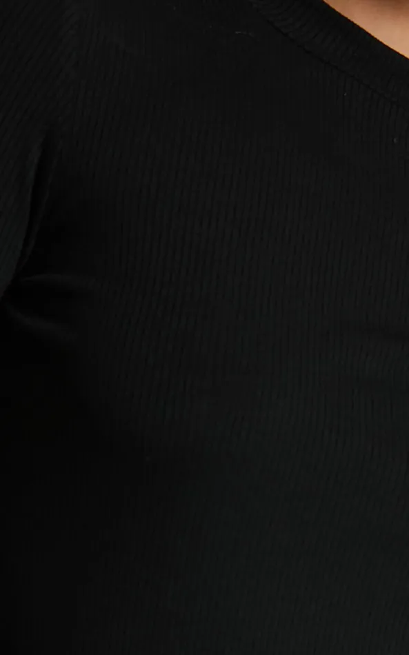 Showpo Feolla Long Sleeve Top 8211 Rib Top With Faux Feather Trim In Black Women Tops
