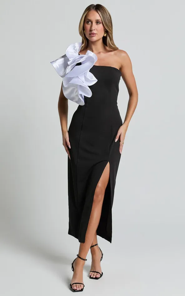 Showpo Fergie Midi Dress 8211 Strapless 3D Floral Thigh Split Dress In Black And White Women Dresses