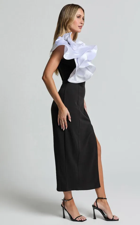 Showpo Fergie Midi Dress 8211 Strapless 3D Floral Thigh Split Dress In Black And White Women Dresses