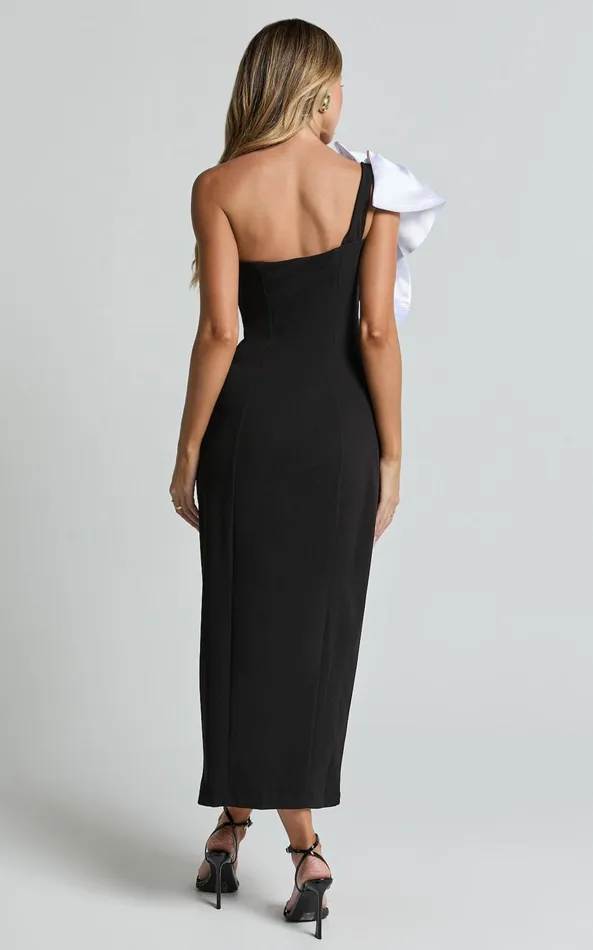Showpo Fergie Midi Dress 8211 Strapless 3D Floral Thigh Split Dress In Black And White Women Dresses