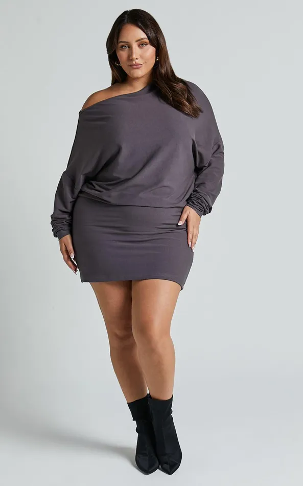 Showpo Fermina Mini Dress 8211 Long Sleeve Bodycon Dress In Charcoal Rib Women Basics