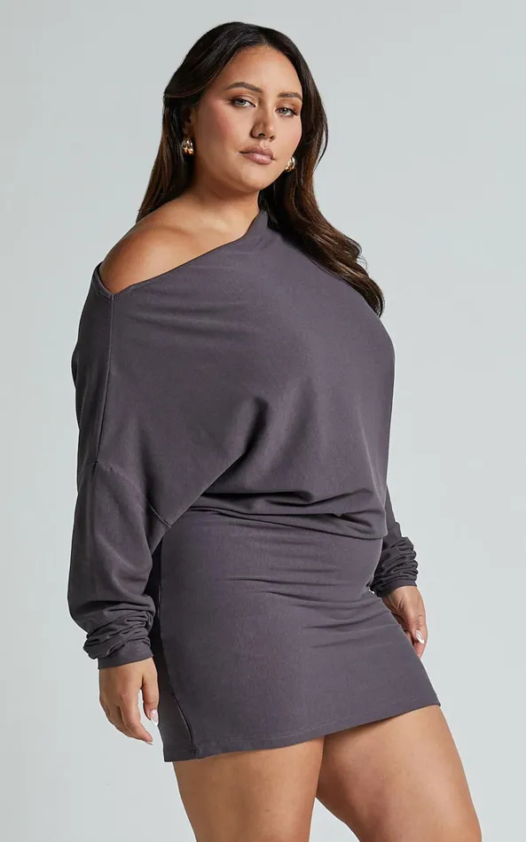 Showpo Fermina Mini Dress 8211 Long Sleeve Bodycon Dress In Charcoal Rib Women Basics