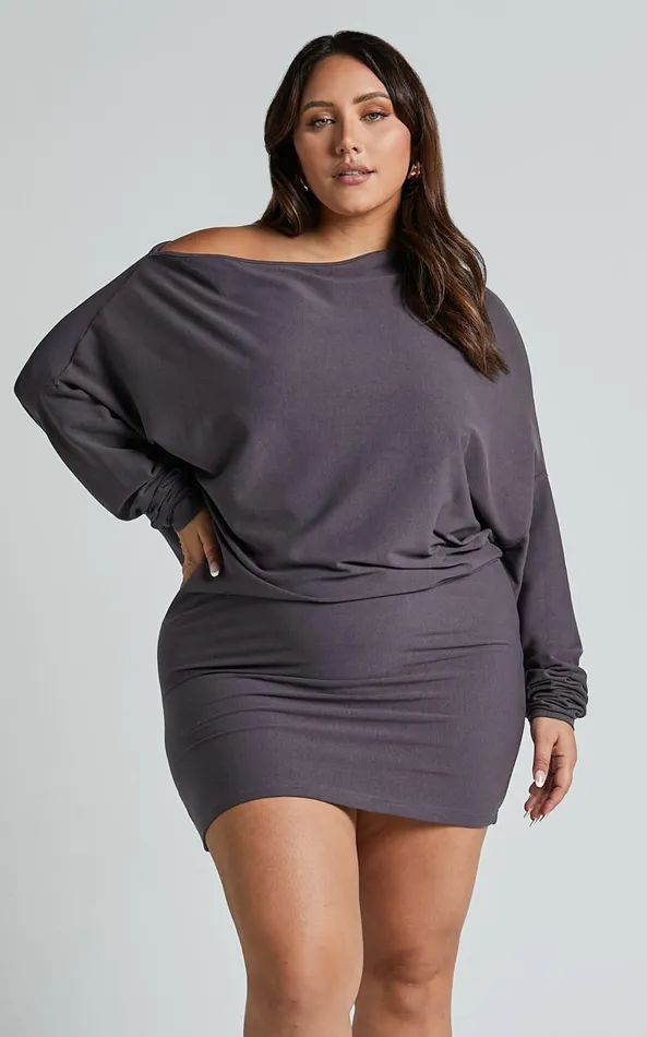 Showpo Fermina Mini Dress 8211 Long Sleeve Bodycon Dress In Charcoal Rib Women Basics
